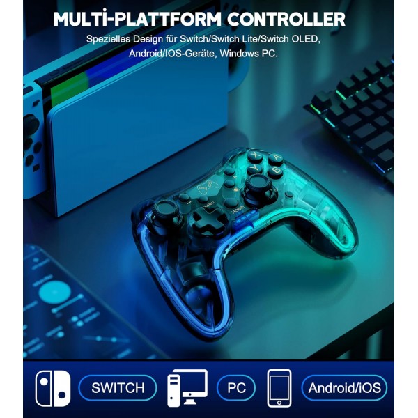 스위치/라이트/OLED 콘솔용 무선 스위치 컨트롤러, 정확한 모션 제어/듀얼 모터 진동/터보/웨이크업 기능/RGB 조명 모드/투명한 모양/15H 재생 시간 블랙이 있는 스위치 