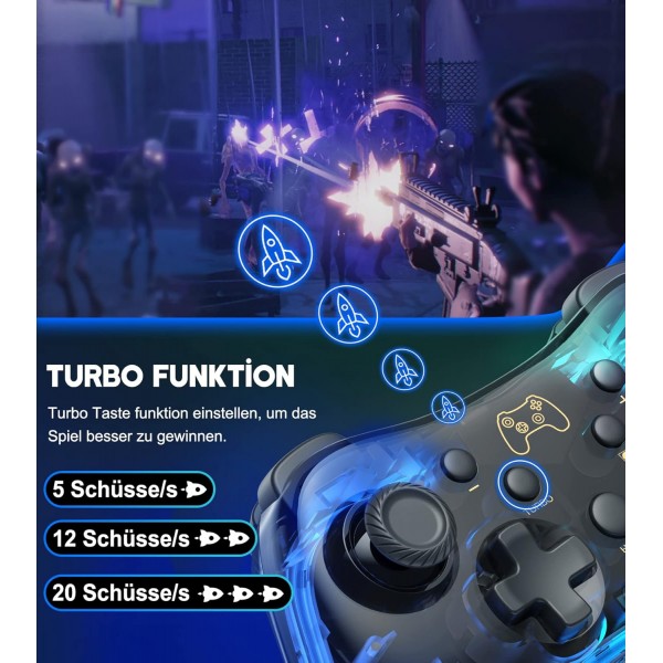 스위치/라이트/OLED 콘솔용 무선 스위치 컨트롤러, 정확한 모션 제어/듀얼 모터 진동/터보/웨이크업 기능/RGB 조명 모드/투명한 모양/15H 재생 시간 블랙이 있는 스위치 