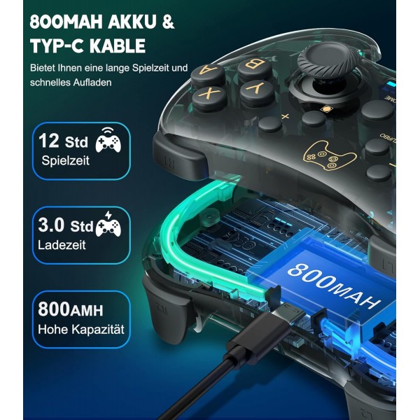 스위치/라이트/OLED 콘솔용 무선 스위치 컨트롤러, 정확한 모션 제어/듀얼 모터 진동/터보/웨이크업 기능/RGB 조명 모드/투명한 모양/15H 재생 시간 블랙이 있는 스위치 