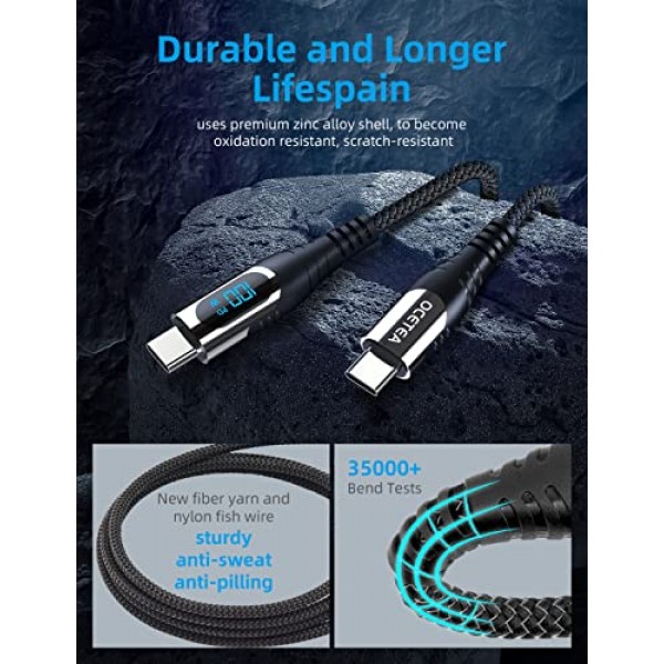 Ocetea USB C-USB C 충전기 케이블(100W 5A), 3.3피트 USBC-USBC LED 디스플레이 케이블, iPhone 15 Pro Max Plus, MacBook, iPad, Galaxy S23 S22, Pixel과 호환되는 USB C 충전 케이블