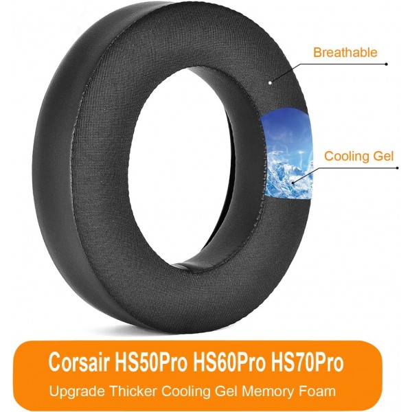 Yaowanguan HS70 Pro Earpads 냉각 젤 Corsair HS70 Pro/HS60 Pro/HS50 Pro 게임용 헤드셋, 검은색 단백질 가죽 및 메모리 폼 헤드셋용 두꺼운 쿠션 교체용 이어 패드 이어컵 귀 덮개 냉