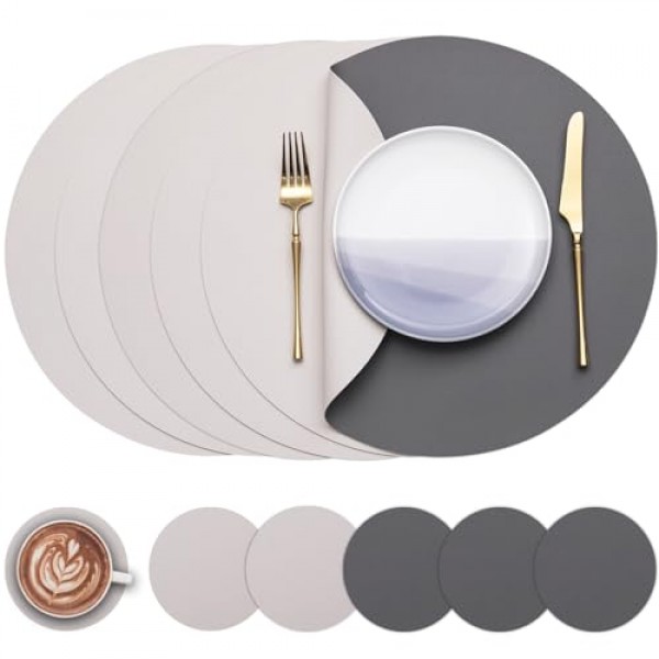 Myir JUN 원탁 플레이스매트 인조 가죽 플레이스 매트 및 컵받침 6개 세트 15인치 원형 플레이스매트 양면 플레이스매트 미끄럼 방지 플레이스매트 얼룩 방지 플레이스
