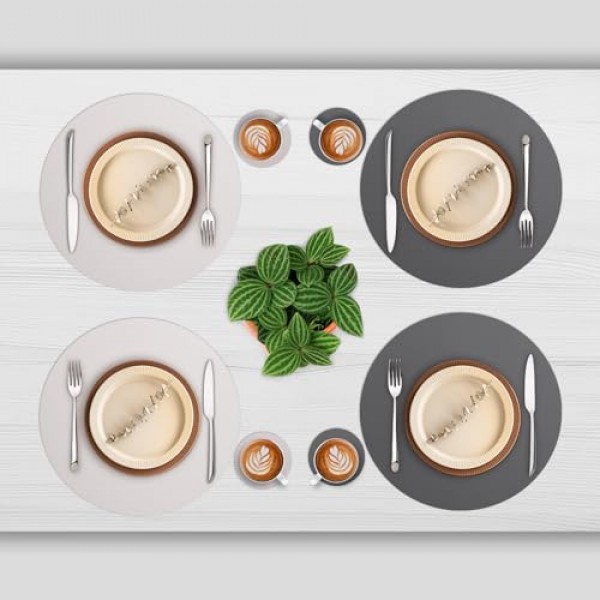 Myir JUN 원탁 플레이스매트 인조 가죽 플레이스 매트 및 컵받침 6개 세트 15인치 원형 플레이스매트 양면 플레이스매트 미끄럼 방지 플레이스매트 얼룩 방지 플레이스