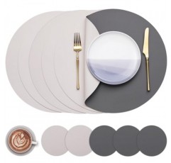 Myir JUN 원탁 플레이스매트 인조 가죽 플레이스 매트 및 컵받침 6개 세트 15인치 원형 플레이스매트 양면 플레이스매트 미끄럼 방지 플레이스매트 얼룩 방지 플레이스