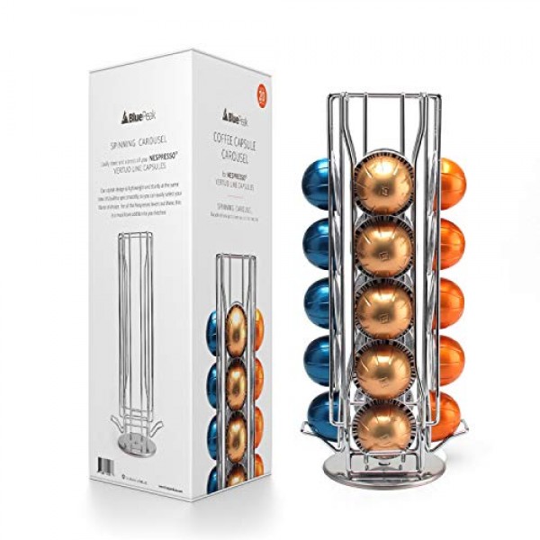 BluePeak 네스프레소 회전목마 - Vertuoline 캡슐 20개 수용 - 네스프레소 포드 홀더 - 커피 포드 보관 및 디스펜서 정리 랙 스탠드, 360도 회전, 우아하고 현대적인 크롬 마감
