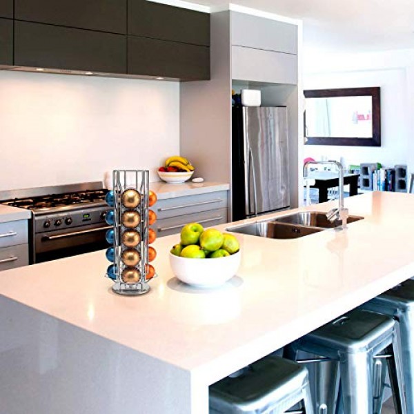 BluePeak 네스프레소 회전목마 - Vertuoline 캡슐 20개 수용 - 네스프레소 포드 홀더 - 커피 포드 보관 및 디스펜서 정리 랙 스탠드, 360도 회전, 우아하고 현대적인 크롬 마감