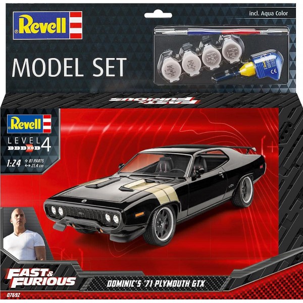 Revell 67692 모델 세트 F&F Dominics 1971 Plymouth GTX 고급 사용자를 위한 Fast & Furious 충실한 모델 키트, 기본 액세서리가 포함된 스타터 키트, 도색되지 않음