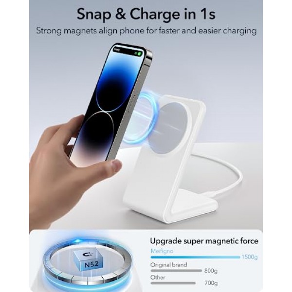 iPhone 15/14/13/12 시리즈용 Meifigno 자기 무선 충전기 2팩, AirPods 3/2/Pro, PD 20W USB-C 어댑터 x2를 사용한 고속 충전, iPhone 15 14 13 Pro Max Plus Mini용 MagSafe 충전기 스탠드, 화이트