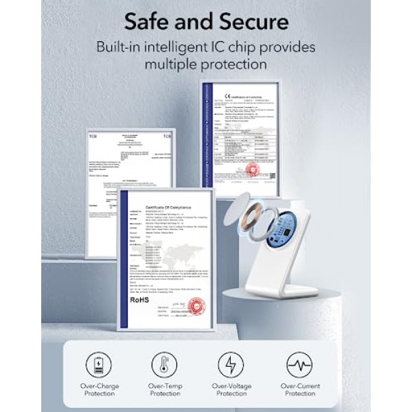 iPhone 15/14/13/12 시리즈용 Meifigno 자기 무선 충전기 2팩, AirPods 3/2/Pro, PD 20W USB-C 어댑터 x2를 사용한 고속 충전, iPhone 15 14 13 Pro Max Plus Mini용 MagSafe 충전기 스탠드, 화이트