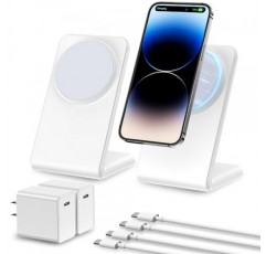 iPhone 15/14/13/12 시리즈용 Meifigno 자기 무선 충전기 2팩, AirPods 3/2/Pro, PD 20W USB-C 어댑터 x2를 사용한 고속 충전, iPhone 15 14 13 Pro Max Plus Mini용 MagSafe 충전기 스탠드, 화이트