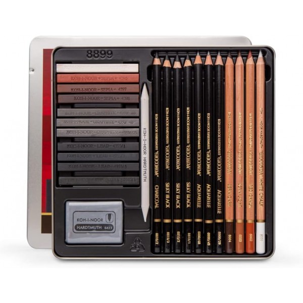 Koh-I-Noor : Gioconda : Sketching Tin Set of 24 : 블랙 및 세피아 톤