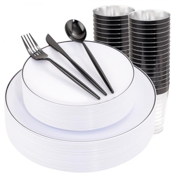 EI 180pcs 검정색 플라스틱 접시, 흰색 및 검정색 플라스틱 식기 세트, 검정색은 제품, 디너 플레이트 30 개, 디저트 플레이트 30 개, 포크 30 개, 스푼 30 개, 나이프 30 개, 