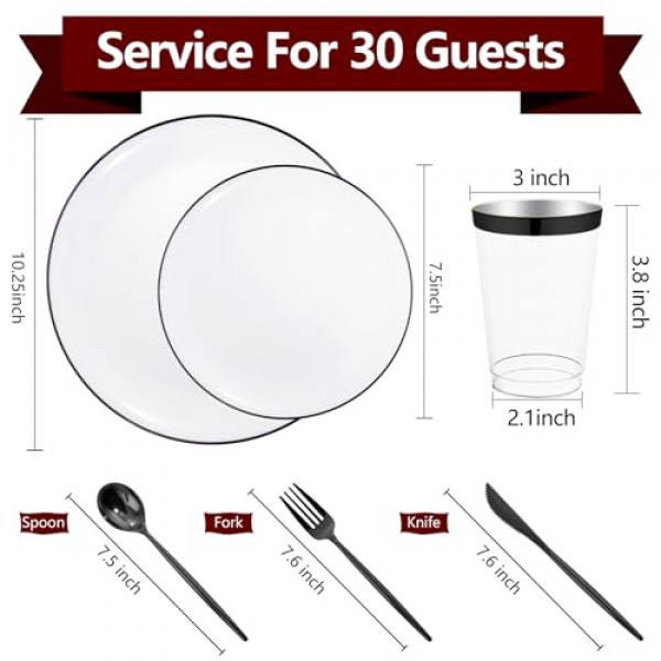EI 180pcs 검정색 플라스틱 접시, 흰색 및 검정색 플라스틱 식기 세트, 검정색은 제품, 디너 플레이트 30 개, 디저트 플레이트 30 개, 포크 30 개, 스푼 30 개, 나이프 30 개, 