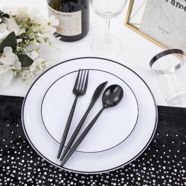 EI 180pcs 검정색 플라스틱 접시, 흰색 및 검정색 플라스틱 식기 세트, 검정색은 제품, 디너 플레이트 30 개, 디저트 플레이트 30 개, 포크 30 개, 스푼 30 개, 나이프 30 개, 
