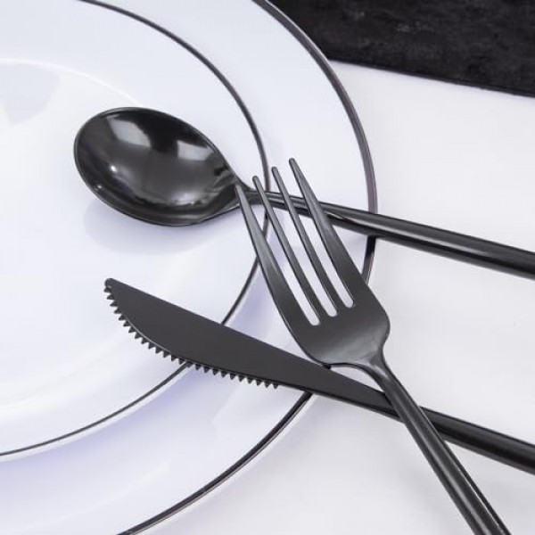 EI 180pcs 검정색 플라스틱 접시, 흰색 및 검정색 플라스틱 식기 세트, 검정색은 제품, 디너 플레이트 30 개, 디저트 플레이트 30 개, 포크 30 개, 스푼 30 개, 나이프 30 개, 