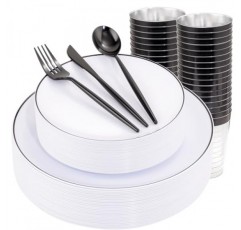 EI 180pcs 검정색 플라스틱 접시, 흰색 및 검정색 플라스틱 식기 세트, 검정색은 제품, 디너 플레이트 30 개, 디저트 플레이트 30 개, 포크 30 개, 스푼 30 개, 나이프 30 개, 