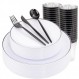 EI 180pcs 검정색 플라스틱 접시, 흰색 및 검정색 플라스틱 식기 세트, 검정색은 제품, 디너 플레이트 30 개, 디저트 플레이트 30 개, 포크 30 개, 스푼 30 개, 나이프 30 개, 