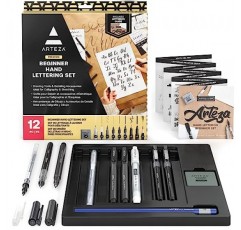 Arteza 핸드 레터링 펜, 초보자를 위한 12피스 캘리그래피 세트, 마이크로 라인 펜 5개, TwiMarker 2개, 젤펜, 불릿 마커, 연필 및 지우개, 가이드북이 포함된 미술 용품