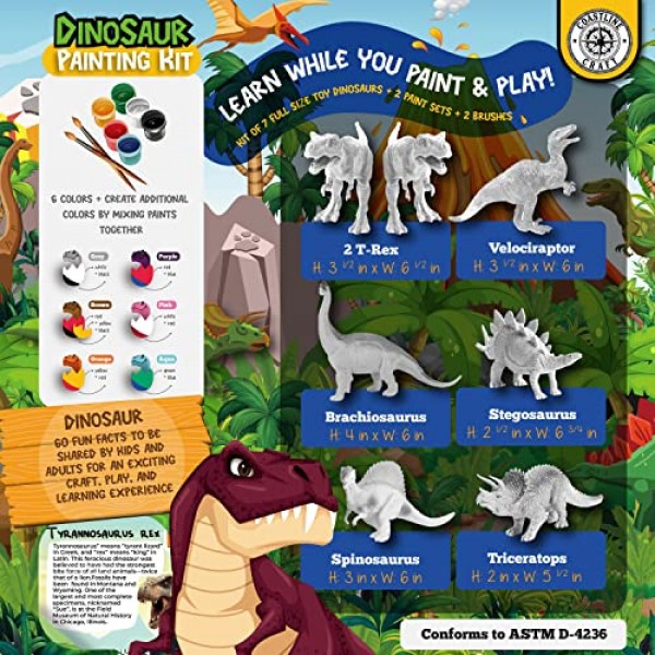 COASTLINE CRAFT Dinosaur Painting Kit for Kids w/Dino Trivia- 3-5세 어린이를 위한 공룡 예술 및 공예 w/ 2T-Rex, Velociraptor, Stegosaurus 등 소년을 위한 공룡 선물 재미있는 어린이 크리스