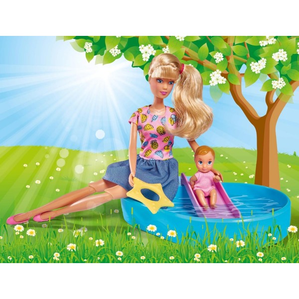 Simba 105733422 - Steffi Love Pool Fun, 패들링 풀에서 패들링 풀에서 아기와 함께 노는 세련된 의상을 입은 놀이 인형, 29cm, 3세 이상