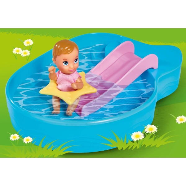 Simba 105733422 - Steffi Love Pool Fun, 패들링 풀에서 패들링 풀에서 아기와 함께 노는 세련된 의상을 입은 놀이 인형, 29cm, 3세 이상