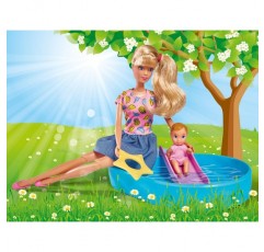 Simba 105733422 - Steffi Love Pool Fun, 패들링 풀에서 패들링 풀에서 아기와 함께 노는 세련된 의상을 입은 놀이 인형, 29cm, 3세 이상