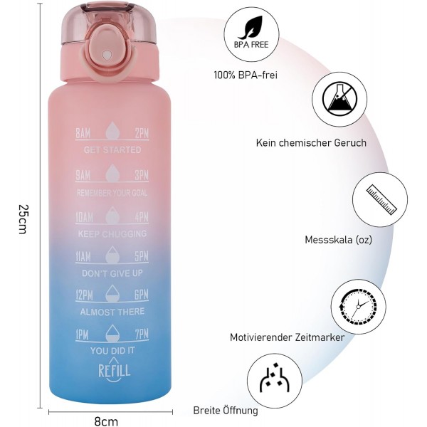 1L 물병, 스포츠 물병-[BPA-Free Tritan], 1000ml Motivational Water Bottle with Straw and Time Stamp - Leak-Proof Bottle for Cycling, Camping, Gym (핑크/블루)