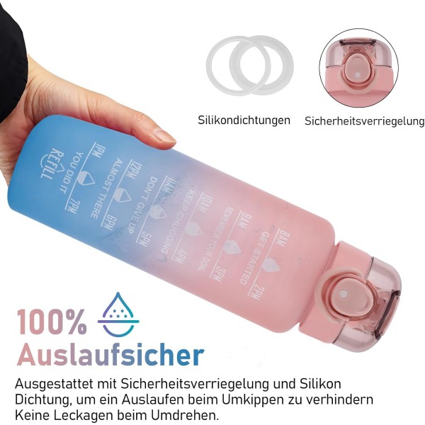 1L 물병, 스포츠 물병-[BPA-Free Tritan], 1000ml Motivational Water Bottle with Straw and Time Stamp - Leak-Proof Bottle for Cycling, Camping, Gym (핑크/블루)