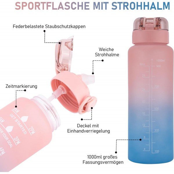 1L 물병, 스포츠 물병-[BPA-Free Tritan], 1000ml Motivational Water Bottle with Straw and Time Stamp - Leak-Proof Bottle for Cycling, Camping, Gym (핑크/블루)