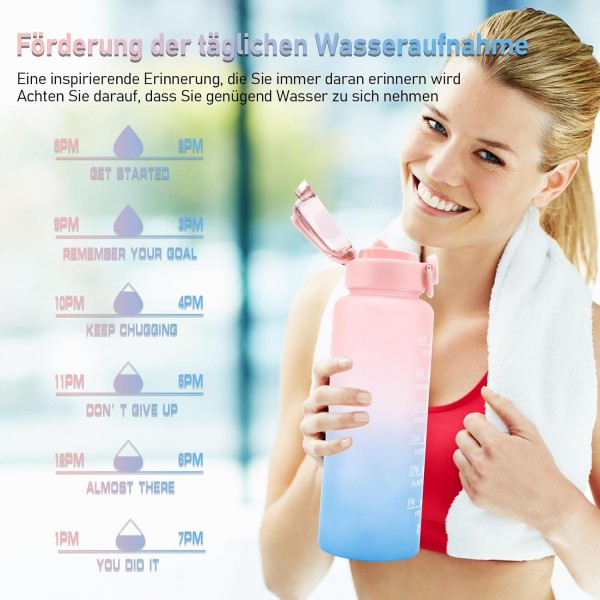 1L 물병, 스포츠 물병-[BPA-Free Tritan], 1000ml Motivational Water Bottle with Straw and Time Stamp - Leak-Proof Bottle for Cycling, Camping, Gym (핑크/블루)