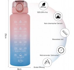 1L 물병, 스포츠 물병-[BPA-Free Tritan], 1000ml Motivational Water Bottle with Straw and Time Stamp - Leak-Proof Bottle for Cycling, Camping, Gym (핑크/블루)