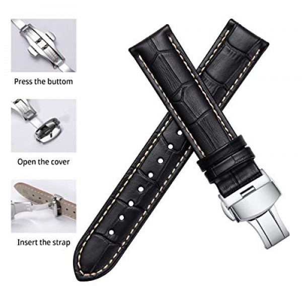 IStrap 가죽 시계 밴드 - 악어 무늬 양각 패턴 송아지 가죽 교체 스트랩 - 푸시 버튼이 있는 스테인레스 스틸 배치 버클 - 남성용 여성용 팔찌 - 18mm 19mm 20mm 21mm 22mm 24mm
