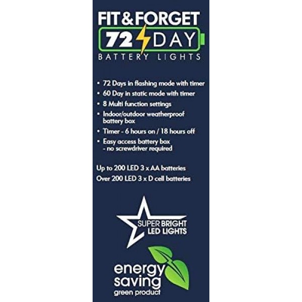 Fit & Forget Battery 400 LED 스트링 : 타이머 다기능 : 실내외 : 멀티컬러 6816006GM 400 LED 멀티컬러, 그린 와이어
