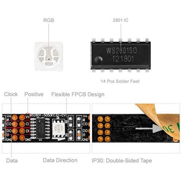 BTF-LIGHTING 개별 주소 지정이 가능한 WS2801 조명 LED 스트립 5050 SMD RGB 32LED/m 3M 9.8피트 96LED IP30 비 방수 블랙 PCB 픽셀 라이트 DC5V 4PIN 거실 침실 주방 DIY 장식용 9.8피트 Ip30 