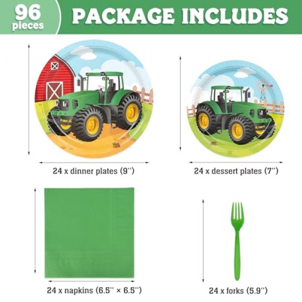 DECORLIFE 트랙터 생일 파티 용품 24인분, 트랙터 접시 및 냅킨 세트, 어린이 남성용 농장 트랙터 생일 장식, 총 96개