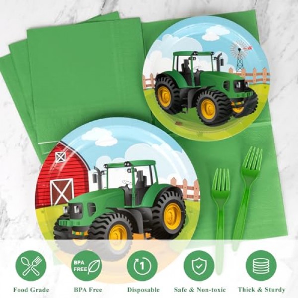 DECORLIFE 트랙터 생일 파티 용품 24인분, 트랙터 접시 및 냅킨 세트, 어린이 남성용 농장 트랙터 생일 장식, 총 96개