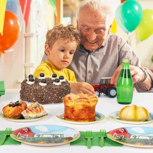 DECORLIFE 트랙터 생일 파티 용품 24인분, 트랙터 접시 및 냅킨 세트, 어린이 남성용 농장 트랙터 생일 장식, 총 96개