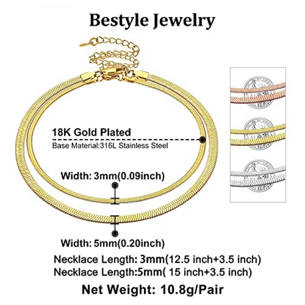 Bestyle 여성용 스네이크 체인 목걸이 스테인레스 스틸 폭 2 mm/5 mm, 실버/골드/로즈 골드