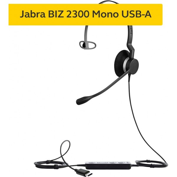 Jabra Biz 2300 USB-A MS 온이어 모노 헤드셋 - 소프트폰 및 탁상 전화기용 컨트롤 유닛이 포함된 Skype for Business 인증 소음 제거 유선 헤드폰, 검은색 USB-A Microsoft Mono