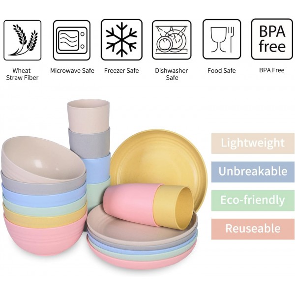 Cainfy 식기 세트, 4개의 친환경 재사용 가능한 접시, 컵, 그릇, 식기 세척기 및 전자 레인지 금고의 깨지지 않는 경량 요리, 18 개
