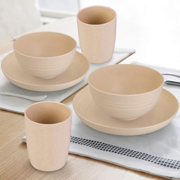 Cainfy 식기 세트, 4개의 친환경 재사용 가능한 접시, 컵, 그릇, 식기 세척기 및 전자 레인지 금고의 깨지지 않는 경량 요리, 18 개