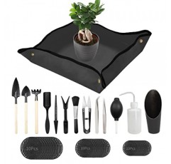 FLMOUTN 접이식 식물 재배치 매트, 13Pcs 미니 정원 도구 세트 및 30Pcs 냄비 구멍 메쉬 패드가 있는 원예 매트, 실내 미니어처 요정 정원 식물 관리를 위한 즙이 많은 도구 