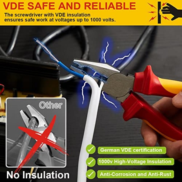 절연 플라이어 세트, AKM TOOL 4피스 1000V VDE 절연 도구 세트, 텅 및 홈 플라이어, 대각선 절단 플라이어, 긴 노즈 플라이어, 라인즈맨 플라이어