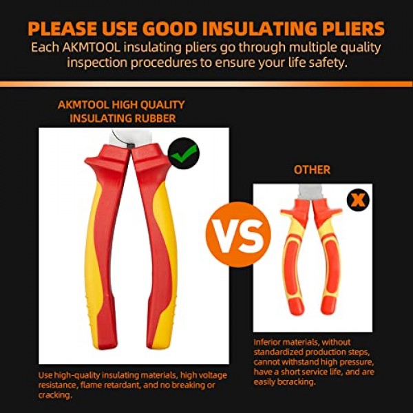 절연 플라이어 세트, AKM TOOL 4피스 1000V VDE 절연 도구 세트, 텅 및 홈 플라이어, 대각선 절단 플라이어, 긴 노즈 플라이어, 라인즈맨 플라이어