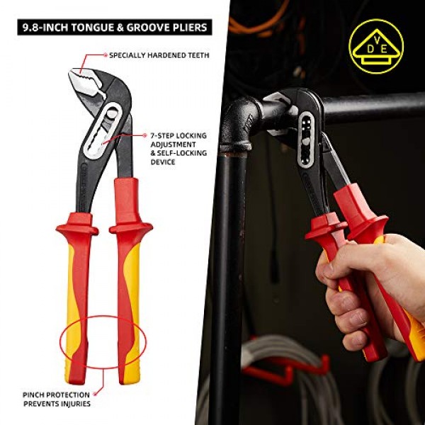 절연 플라이어 세트, AKM TOOL 4피스 1000V VDE 절연 도구 세트, 텅 및 홈 플라이어, 대각선 절단 플라이어, 긴 노즈 플라이어, 라인즈맨 플라이어