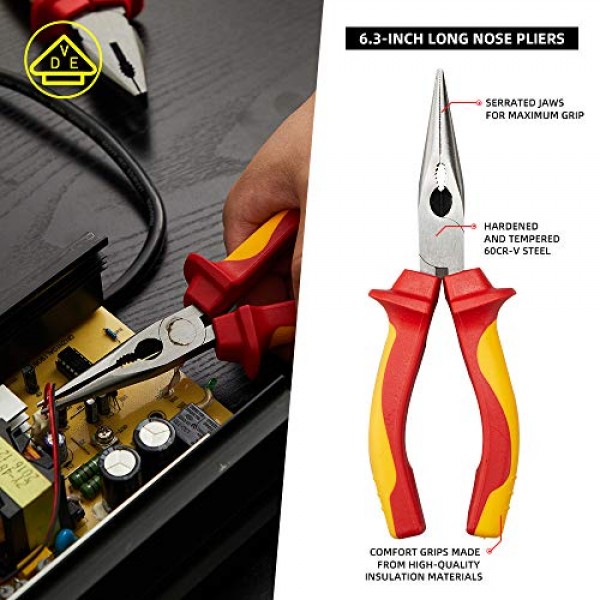 절연 플라이어 세트, AKM TOOL 4피스 1000V VDE 절연 도구 세트, 텅 및 홈 플라이어, 대각선 절단 플라이어, 긴 노즈 플라이어, 라인즈맨 플라이어