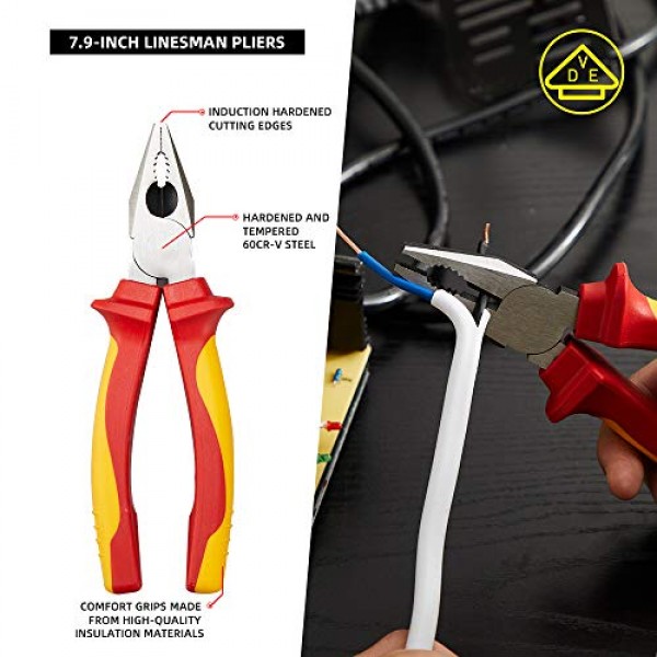 절연 플라이어 세트, AKM TOOL 4피스 1000V VDE 절연 도구 세트, 텅 및 홈 플라이어, 대각선 절단 플라이어, 긴 노즈 플라이어, 라인즈맨 플라이어