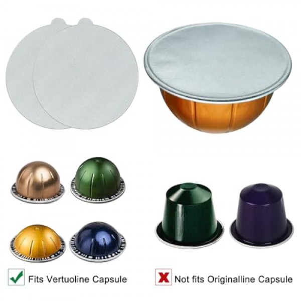 70Pcs 60mm 재사용 가능한 알루미늄 호일 뚜껑 물개, 흰색 브러시 포함, 리필 가능 에스프레소 캡슐 스테인레스 스틸 커피 포드 스티커 커버 물개, Nespresso Vertuoline 캡슐과