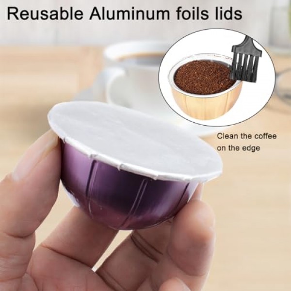 70Pcs 60mm 재사용 가능한 알루미늄 호일 뚜껑 물개, 흰색 브러시 포함, 리필 가능 에스프레소 캡슐 스테인레스 스틸 커피 포드 스티커 커버 물개, Nespresso Vertuoline 캡슐과