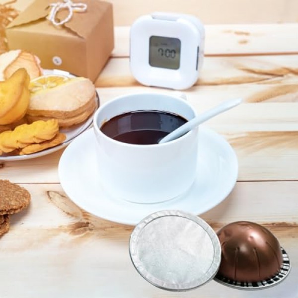 70Pcs 60mm 재사용 가능한 알루미늄 호일 뚜껑 물개, 흰색 브러시 포함, 리필 가능 에스프레소 캡슐 스테인레스 스틸 커피 포드 스티커 커버 물개, Nespresso Vertuoline 캡슐과